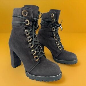 STUART WEITZMAN GRAY SUEDE COMBAT LUG SOLE LACE UP BLOCK HEEL ANKLE BOOTS US 7